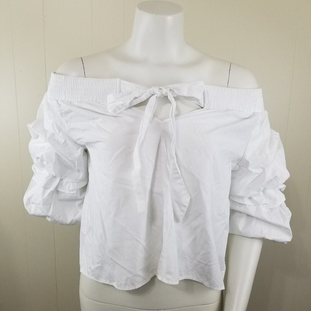 Zara Basic M White Balloon Ruffle Sleeve Blouse Off the Shoulder Keyhole Bow